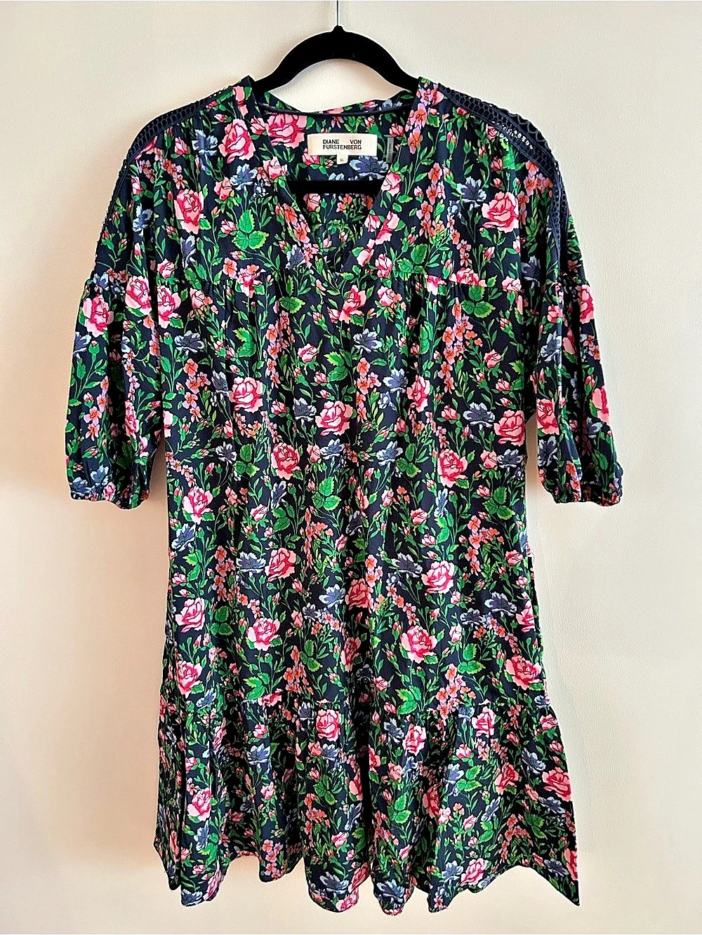 Diane von Furstenberg Jessica Floral Mini Dress Black & Pink XL Like New